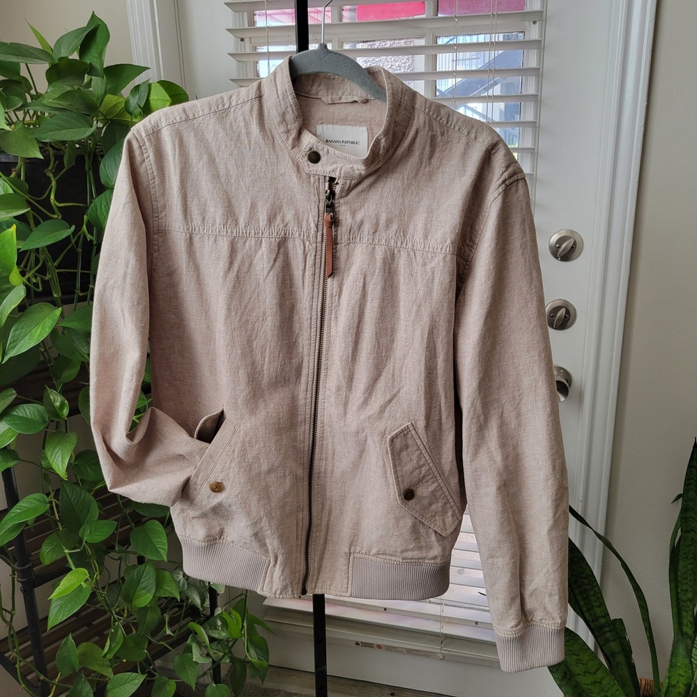 Banana Republic Mens Linen Blend Bomber Jacket Tan Full Zip Small